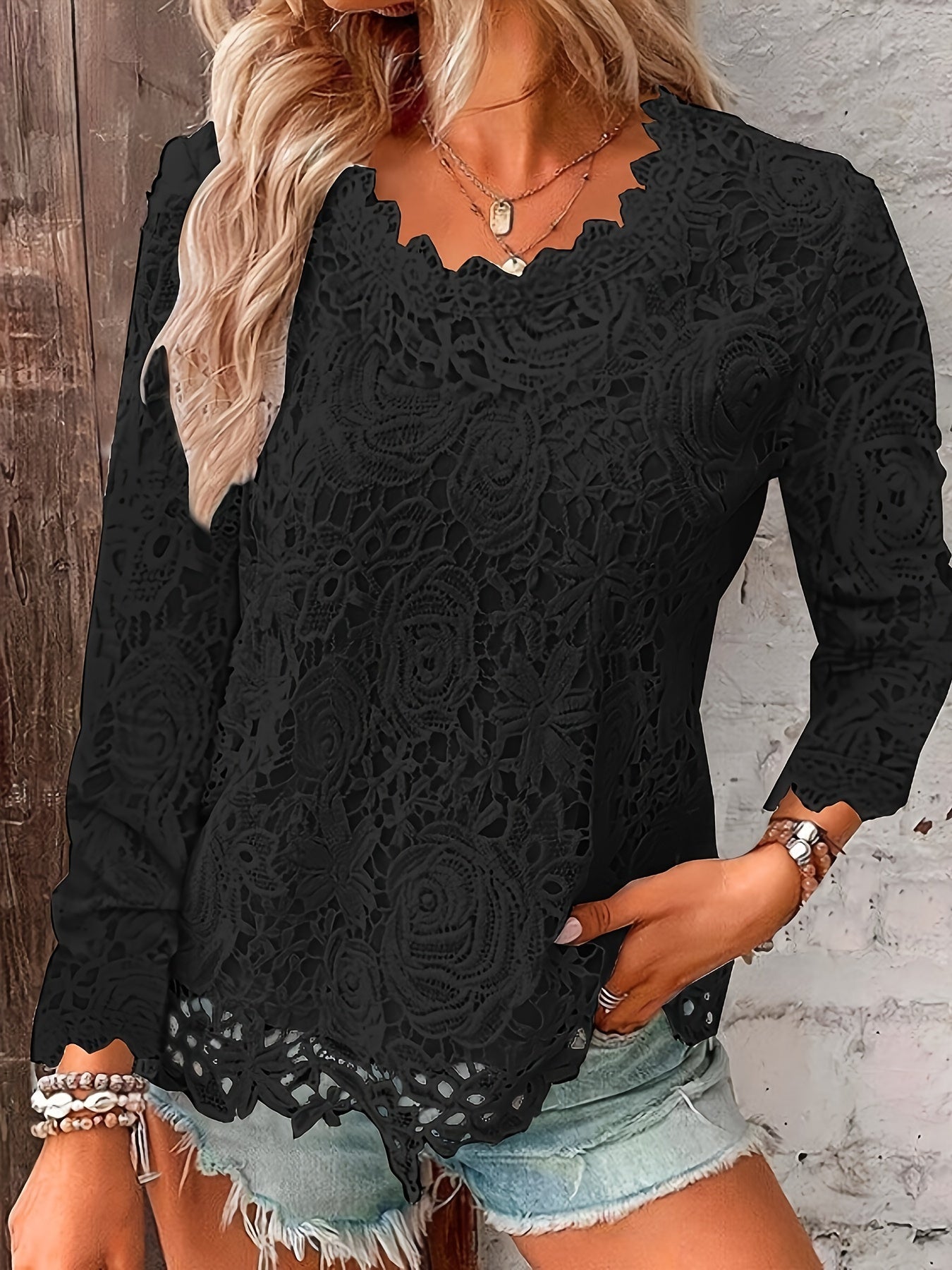 Elegant Floral Lace Crew Neck Blouse - Semi-Sheer Stretch Top for Spring/Fall, Women's Long Sleeve Feminine Top with Contrast Collar