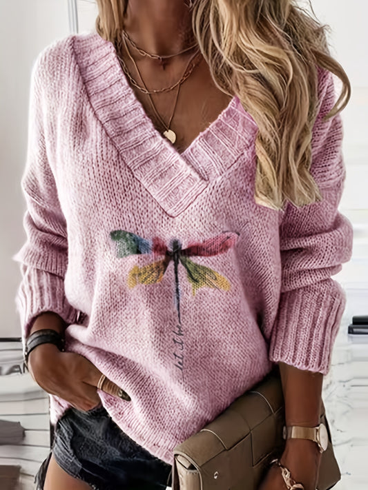 Dragonfly Pattern Sweater - Flattering V-Neckline, Cozy Long Sleeves for Ultimate Comfort, Effortlessly Casual Style, Perfect for Spring and Fall Seasons - Exclusively Designed for Womens Clothing