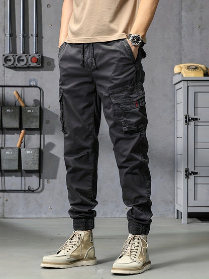 Mens Cropped Cotton Blend Cargo Pants - Elastic Waist, Multi Flap Pockets, Slight Stretch, Loose Fit, Weekend Casual, Solid Color, Hip Hop Style - Perfect for Outdoor Activities and Streetwear