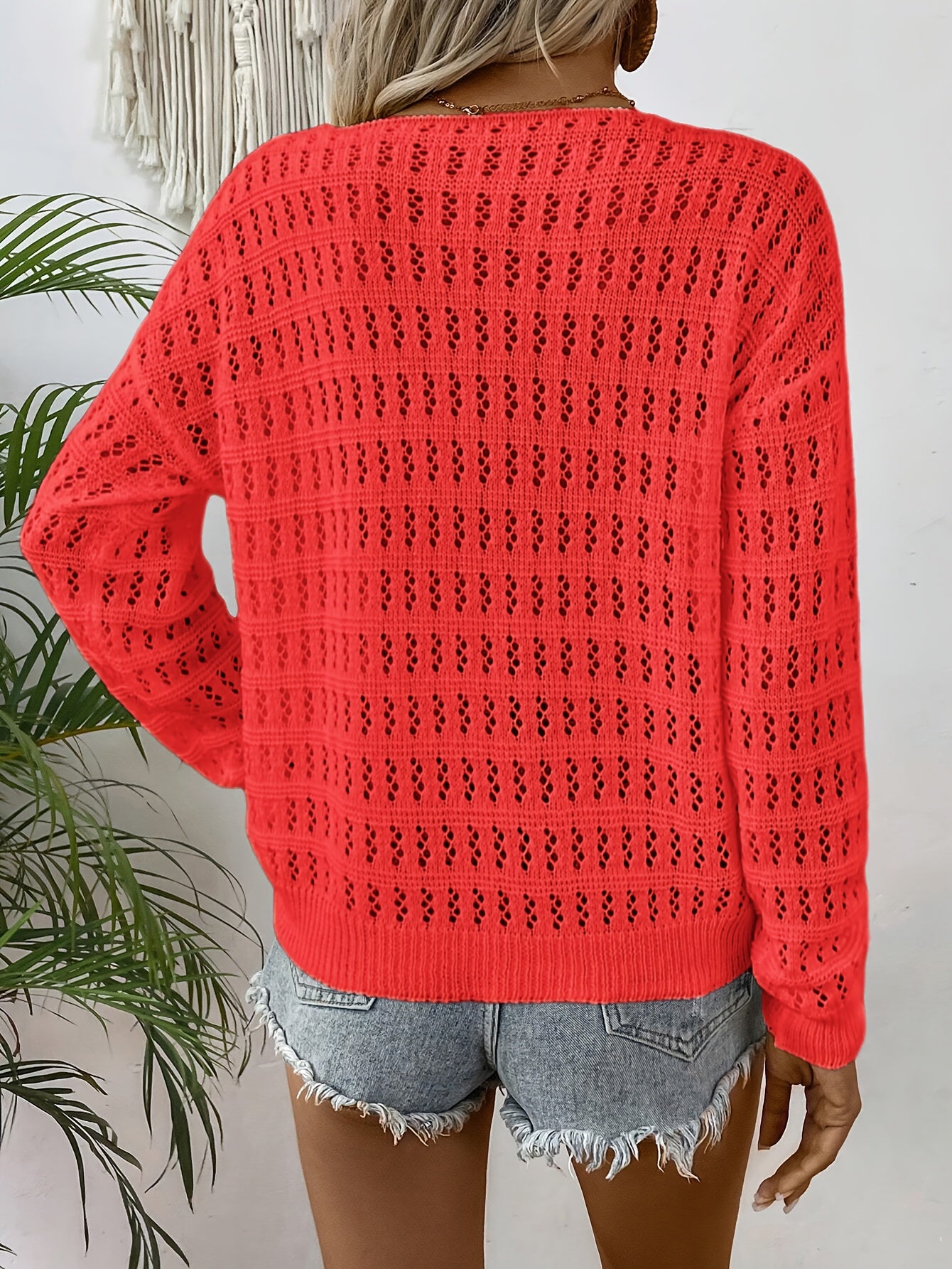 Cozy Pointelle V-Neck Knitted Sweater - Soft, Casual, Long Sleeve, Drop Shoulder, Pullover Design for Spring & Fall Seasons - Women's Comfortable Clothing for Everyday Wear