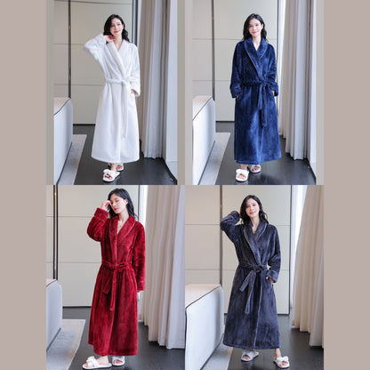 1pc Plush Women's Flannel Bathrobe - Soft, Thick, and Long Sleeve Loungewear for Autumn and Winter - Cozy Bathroom Supplies for Home Relaxation