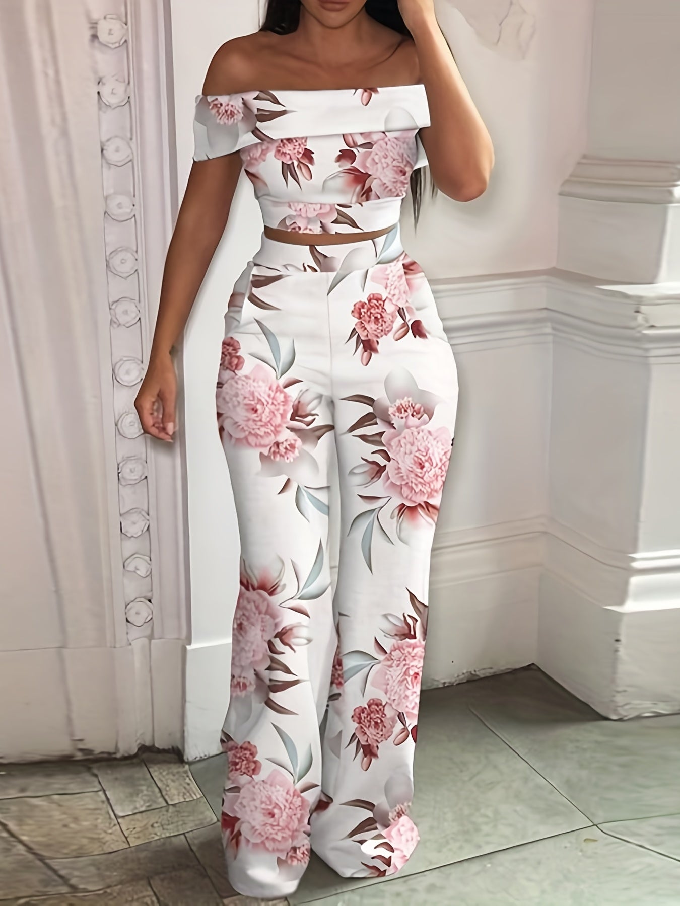 Chic & Elegant Off-Shoulder Crop Top and High-Waist Wide-Leg Pants Set for Women - Casual, All-Season, Easy-Care Comfort with Pockets