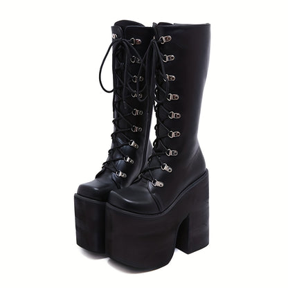 Trendy Chic Knee-High Boots - Y2K Inspired, Side Zipper, Closed Toe, Lace Up, Long Leg, Black Fashion Shoes for Women