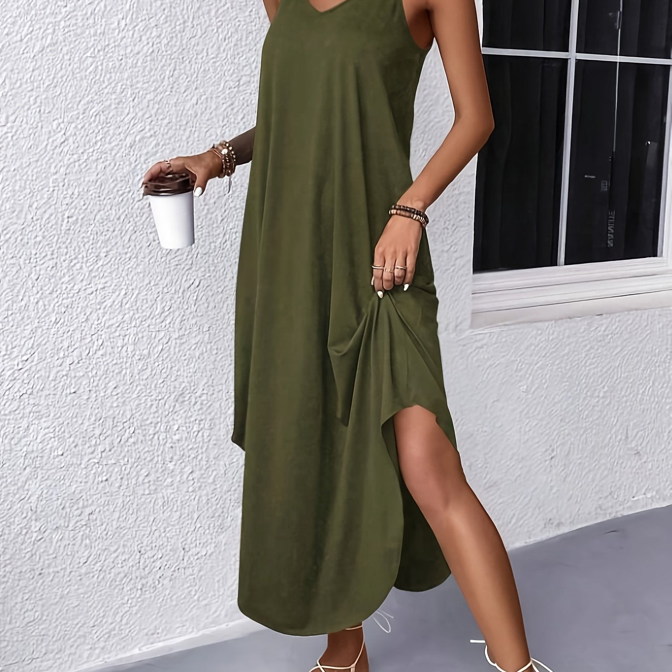 Vibrant Solid V-Neck Cami Dress - Elegant Sleeveless Spaghetti Strap Design, Mid-Elastic Polyester Fabric, Perfect for Spring and Summer - Womens Versatile and Comfortable Clothing for Everyday Wear