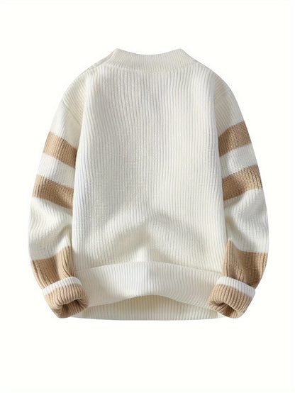 Mens Fashionable Stripe Knitted Pullover - Comfortable & Breathable for Urban Adventures - Versatile Long Sleeve Crew Neck Top for City Walks, Street Style, and Outdoor Fun