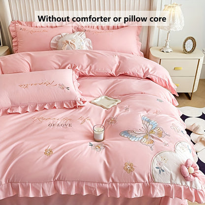 4pcs Soft Skin-Friendly Duvet Cover Set, Love Floral & Butterfly Embroidery With Large Ruffle Princess Style, Includes 1 Duvet Cover, 2 Pillowcases, 1 Flat Sheet, Breathable And Sweat-Wicking, Romantic Aesthetic Design, Comforter Not Included