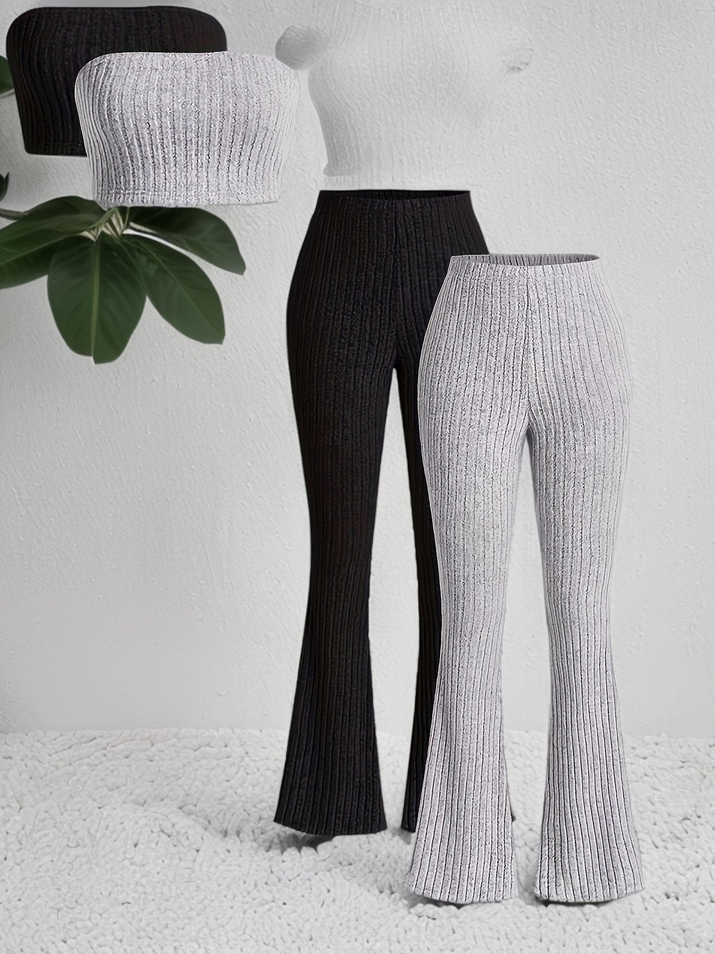 2 Packs Chic Solid Crop Tube Top & Flare Leg Pants Outfits - Comfortable Two-Piece Sets for Women - Casual Wear, Summer Fashion, Daily Life Essentials