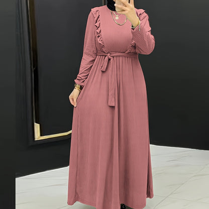 Chic Ruffle Solid Color Abaya Dress - Timeless Crew Neck, Full-Sleeve Maxi Style - Premium Modest Womens Fashion