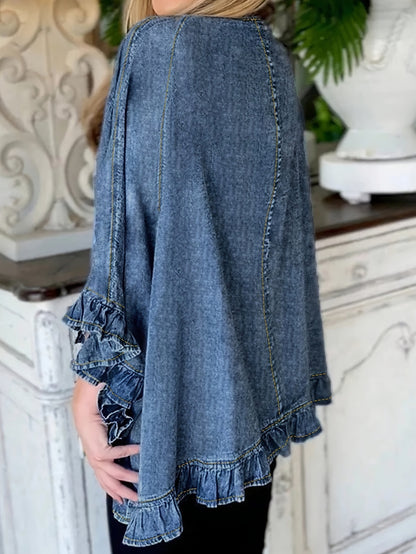 Stylish Women's Ruffle Hem Denim Jacket - Fashionable Casual Jean Top with Sexy Style, Adjustable Fit, and Classic Outerwear Design for Ladies