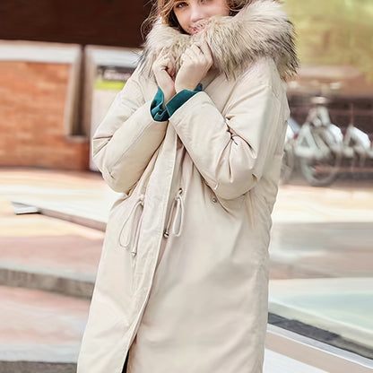 Faux Fur Trim Hooded Parka Jacket, Long Sleeve Drawstring Coat For Winter, Women's Clothing