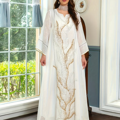 Sequined Mesh Kaftan Dress - Stunning Contrast Fabric, Elegant Long Sleeve Notched Neck Maxi Loose Fit, Perfect for Special Occasions, Womens Clothing