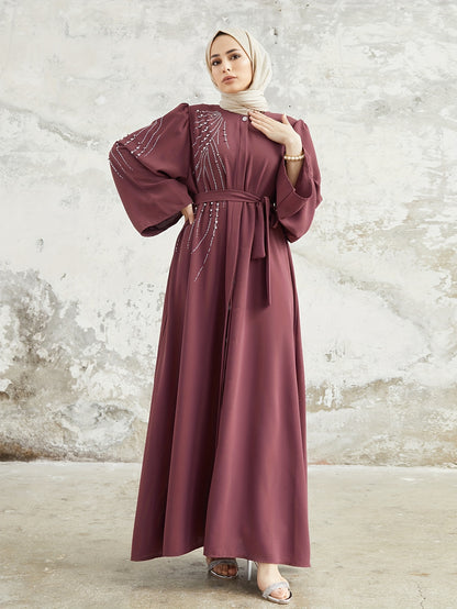 Ramadan Elegant Long Sleeve Geometric Patterned Loose Fit Maxi Dress with Rhinestone Belt - Non-Stretch Polyester Fabric, Flared Sleeves, and Middle East Style - Perfect for Spring, Summer, and Fall Seasons