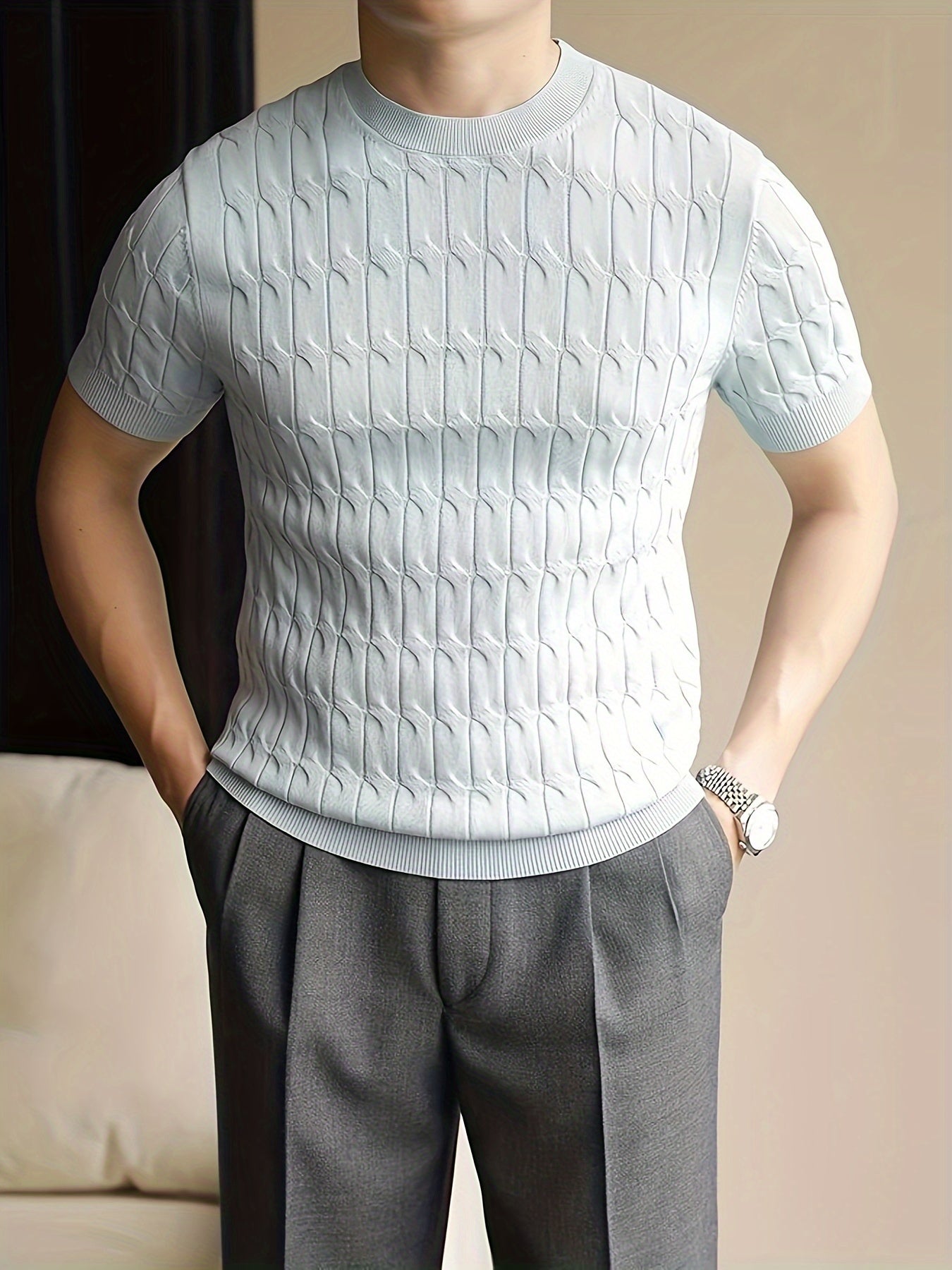 Men's Striped Knitted Pullover, Casual Short Sleeve Slim-fit Crew Neck Sweater For Outdoor