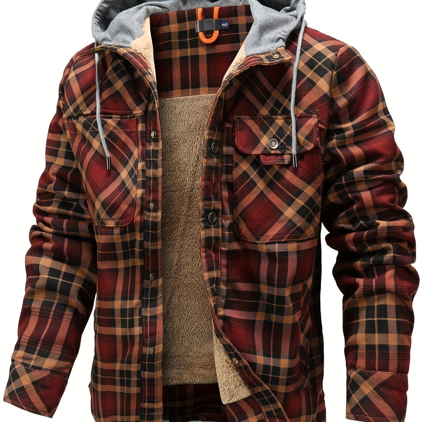 Mens Plaid Quilted Hooded Jacket with Luxurious Sherpa Lining - Stylish Casual Button Down Design - Ultra-Cozy Fleece Winter Coat for Premium Warmth and Fashionable Outerwear