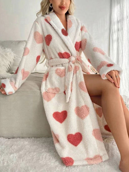 Cosy Heart Pattern Fleece Night Robe - Women's Sleepwear & Dresses - Soft, Thickened, Long Sleeve, Lapel, Longline, Belted, Fall & Winter Essential