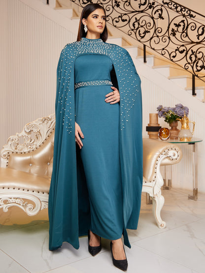 Chic Solid Beaded Womens Clothing Set - Mock Neck Keyhole Maxi Dress with Flowing Cloak - Versatile & Elegant Outfit for Special Occasions