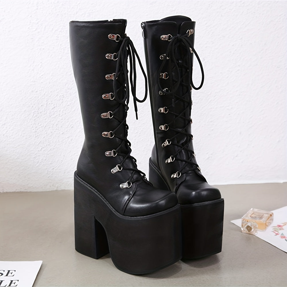 Trendy Chic Knee-High Boots - Y2K Inspired, Side Zipper, Closed Toe, Lace Up, Long Leg, Black Fashion Shoes for Women