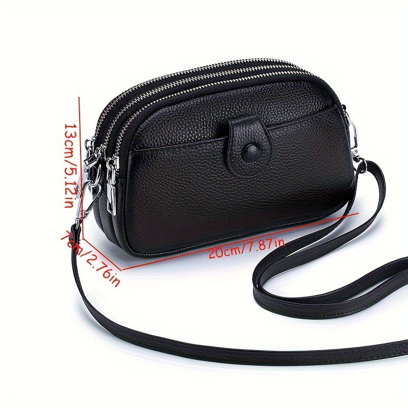 Small Genuine Leather Crossbody Bag for Women - Triple Top Zipper, Adjustable Strap, Polyester Lining, Solid Color, Edge Painted, Stylish and Practical Accessory