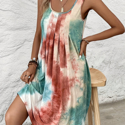 Vibrant Geometric Tie Dye Fitted Dress - Elegant Crew Neck, Sleeveless, Micro Elastic Polyester, Random Printing, Perfect for Spring and Summer - Womens Casual Loose Dress for Adult