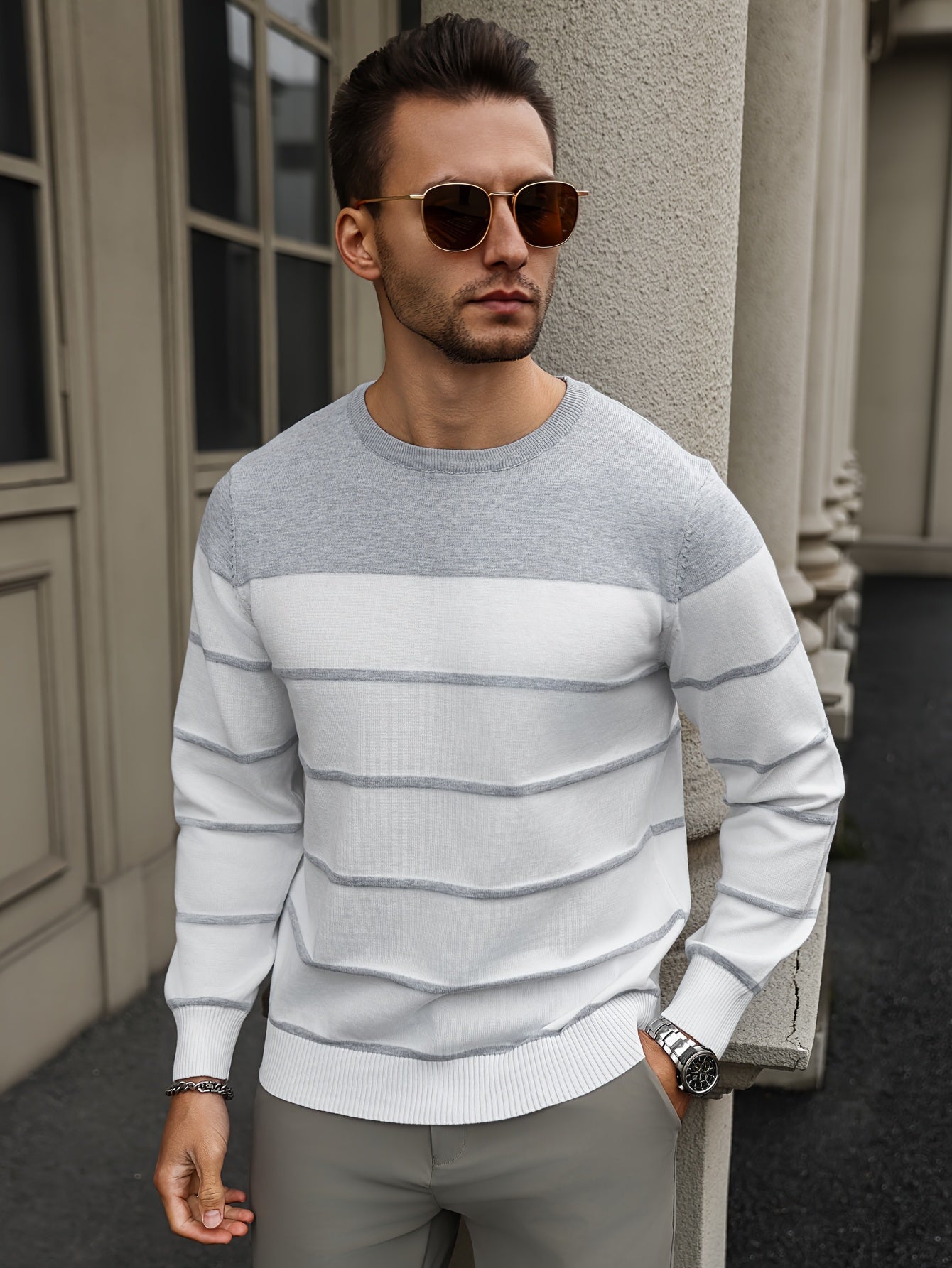 All Match Knitted Striped Sweater, Men's Casual Warm High Stretch Crew Neck Pullover Sweater For Men Fall Winter