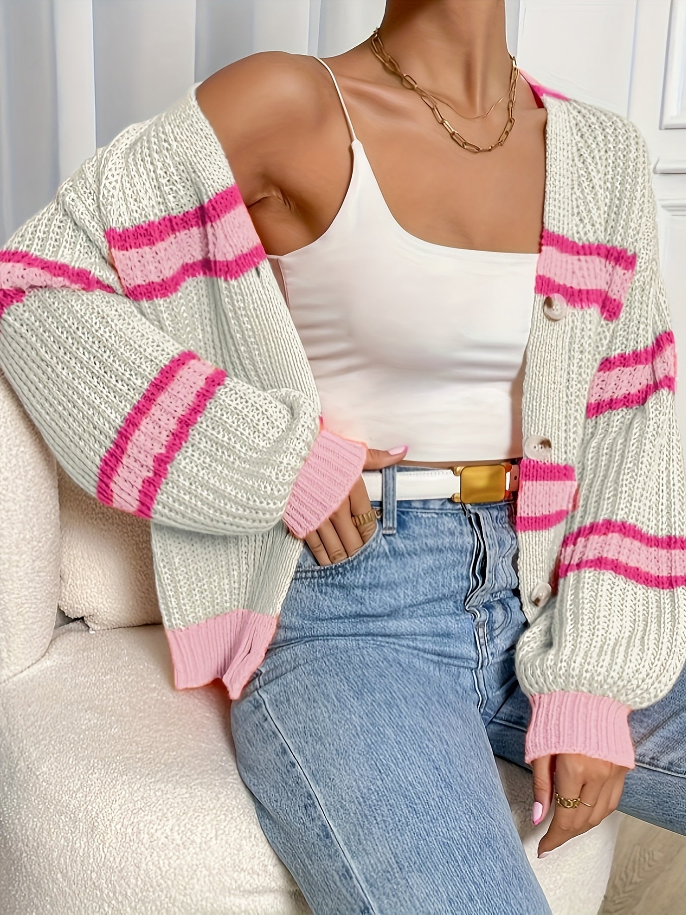 Stylish Color Block Button Down Knit Cardigan - Women's Casual Long Sleeve V Neck Sweater for Spring & Fall - Soft, Cozy, and Versatile Cardigans with Relaxed Fit