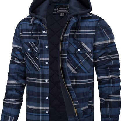 Wohthops Men's Plaid Cotton Hooded Jacket Full Zip Warm Lined Casual Coat with Button Pockets Autumn and Winter Daily Wear Long Sleeve Breathable Windproof Fashionable Jackets for Dating Party Casual Work Camping Fishing Shopping and Other Activities