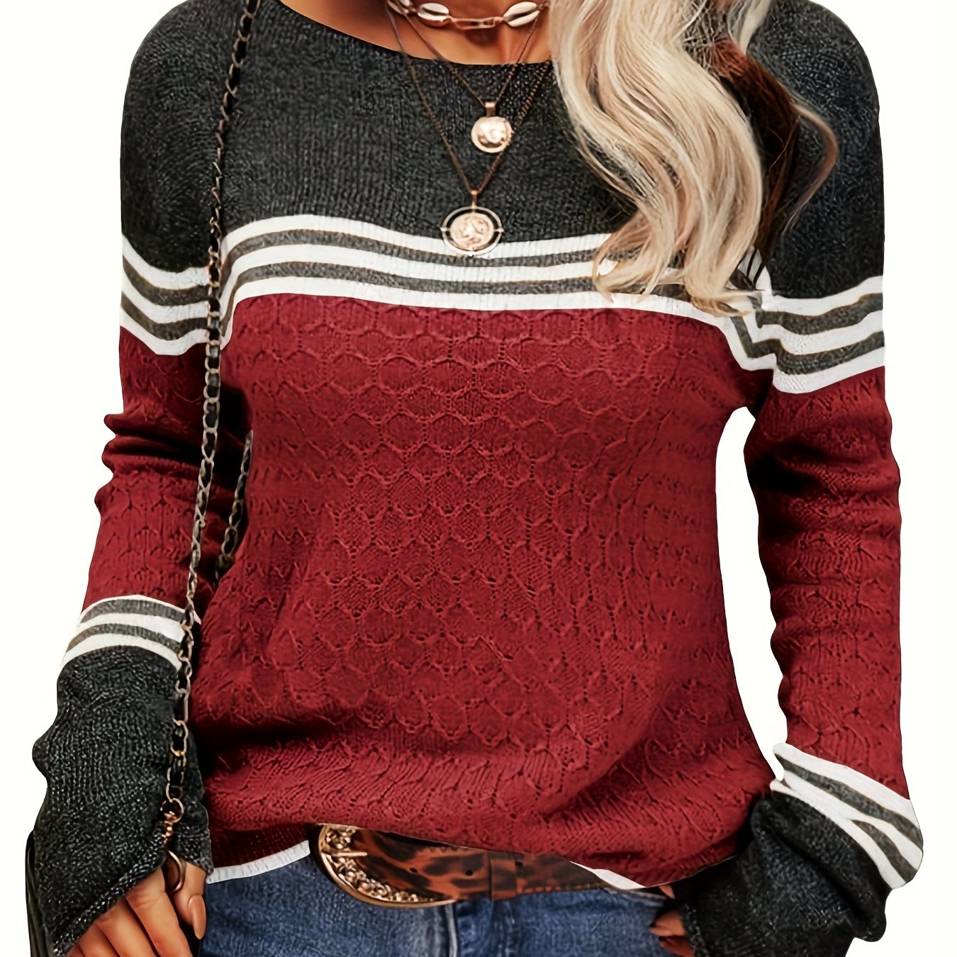 Cozy Autumn Winter Colorblock Pullover Sweater - Round Neck, Striped, Slim Fitting, Soft Knitwear Top for Women - Perfect for Casual Daily Wear, Outdoor Activities, and Layering Under Jackets