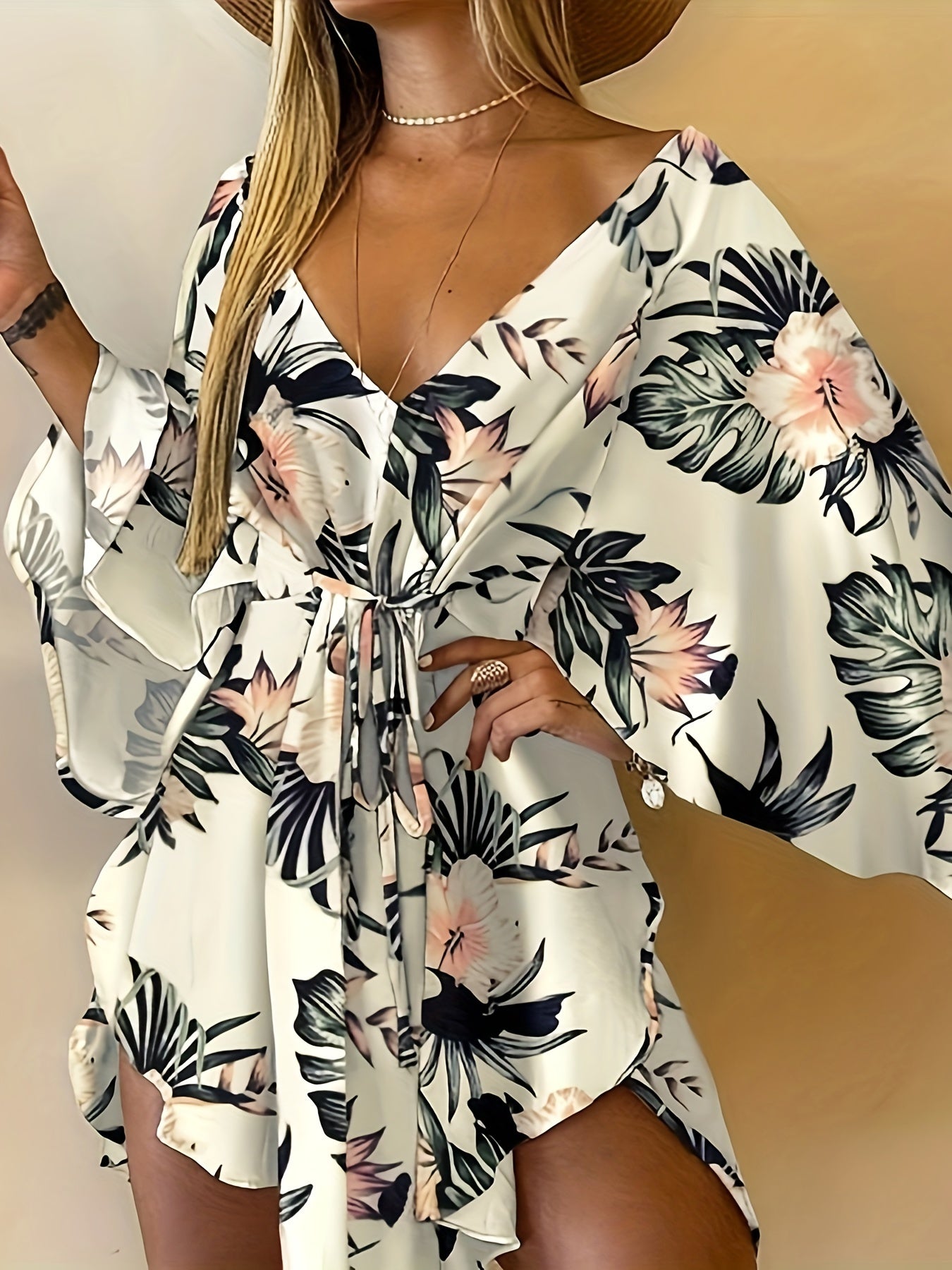 Vibrant Floral Print Fitted V-Neck Dress - Elegant Vacation Style with Tie Waist, Flare Sleeves, Micro Elasticity, and Random Printing - Perfect for Spring, Summer, and Fall Seasons