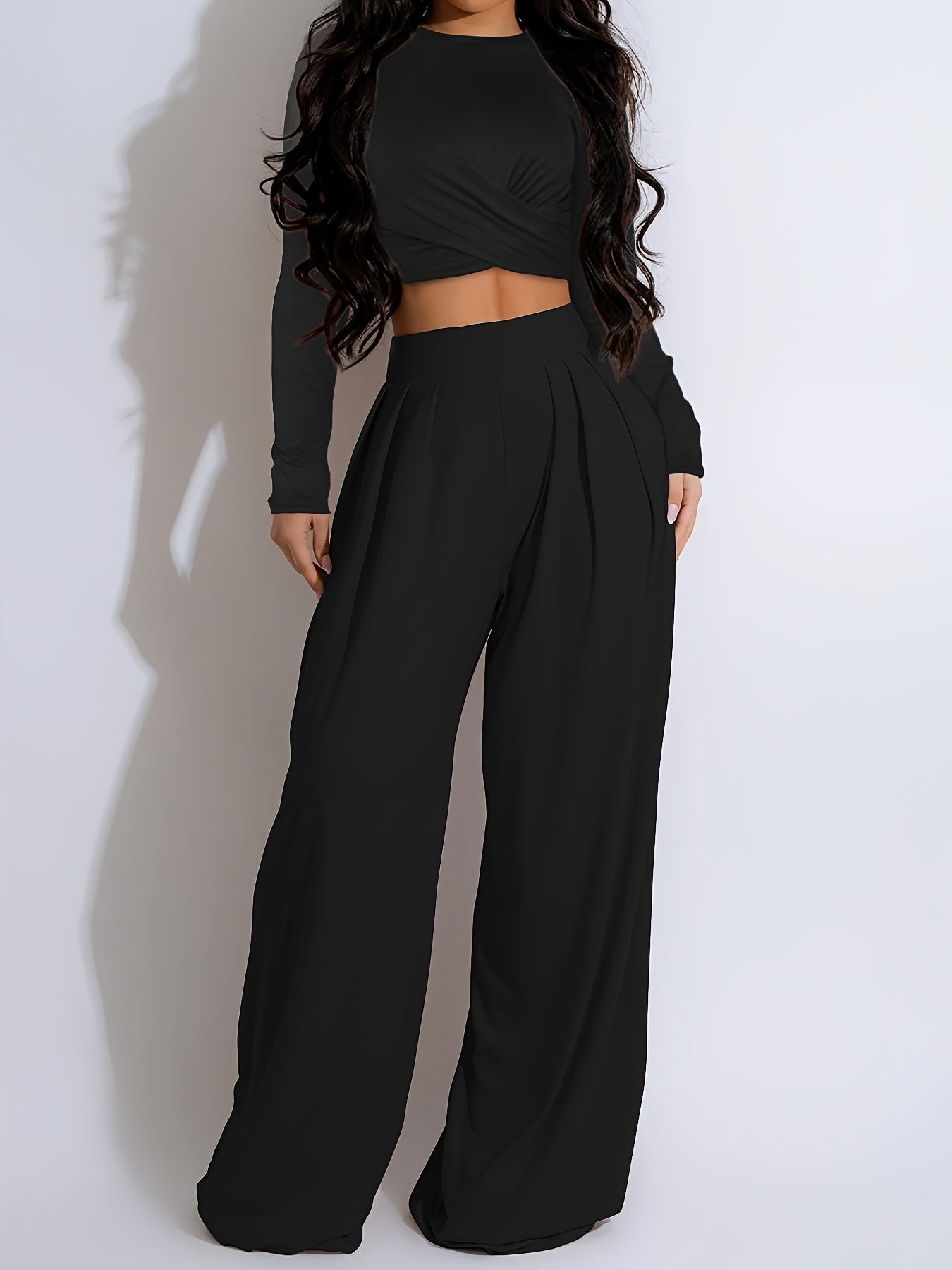 Chic Solid Twist Front Crop Top & Wide Leg Pants Set - Effortlessly Stylish Two-piece Outfit for Women - Casual Everyday Wear