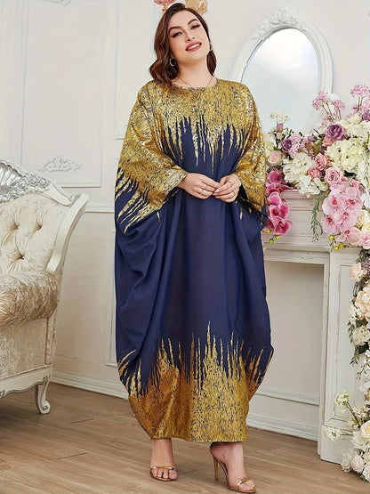 Elegant Batwing Sleeve Kaftan - Color Block Design, Flowy Maxi Dress for Women, Perfect for Ramadan