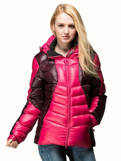 Womens Stylish Two-Tone Long Down Jacket - Insulated Warm Puffy Coat with Hood - Quilted Zipper Front Comfortable Outwear for Winter