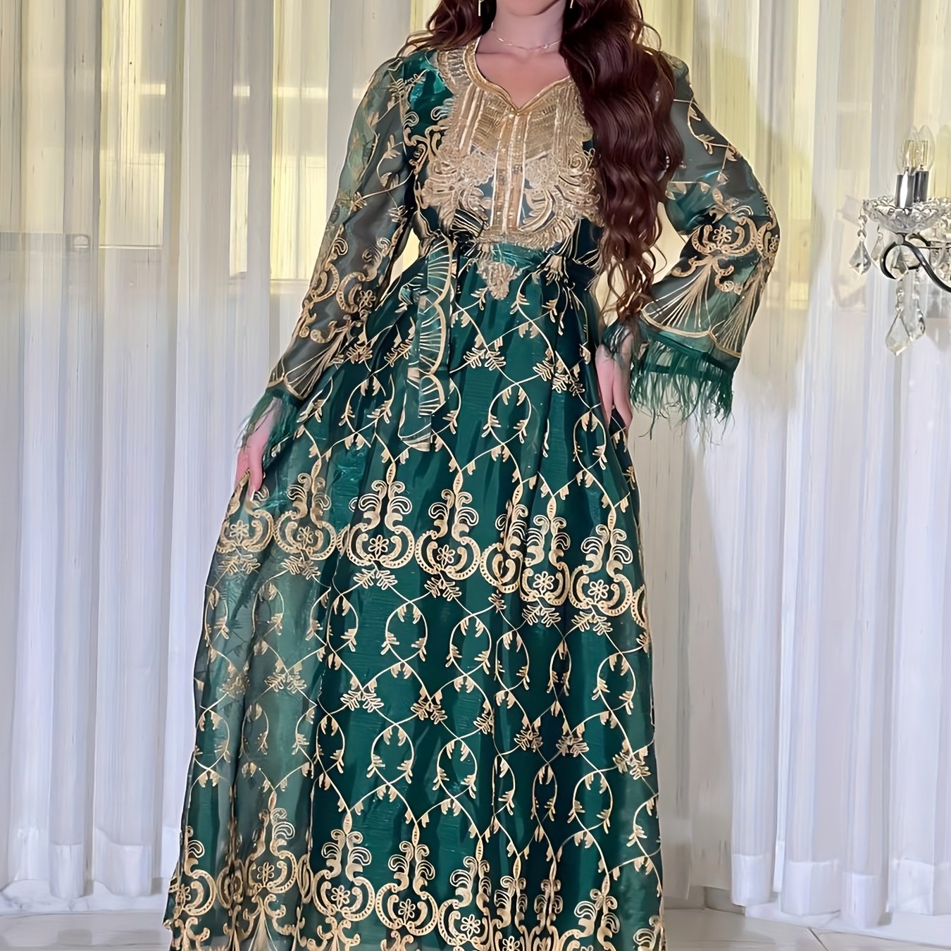 Floral Embroidered V-neck Long Sleeve Abayas Dress, Elegant Maxi Length Dress, Women's Clothing