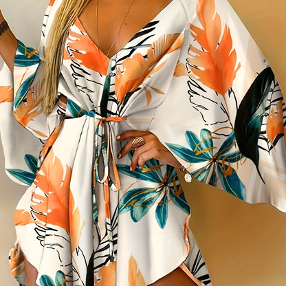 Vibrant Floral Print Fitted V-Neck Dress - Elegant Vacation Style with Tie Waist, Flare Sleeves, Micro Elasticity, and Random Printing - Perfect for Spring, Summer, and Fall Seasons