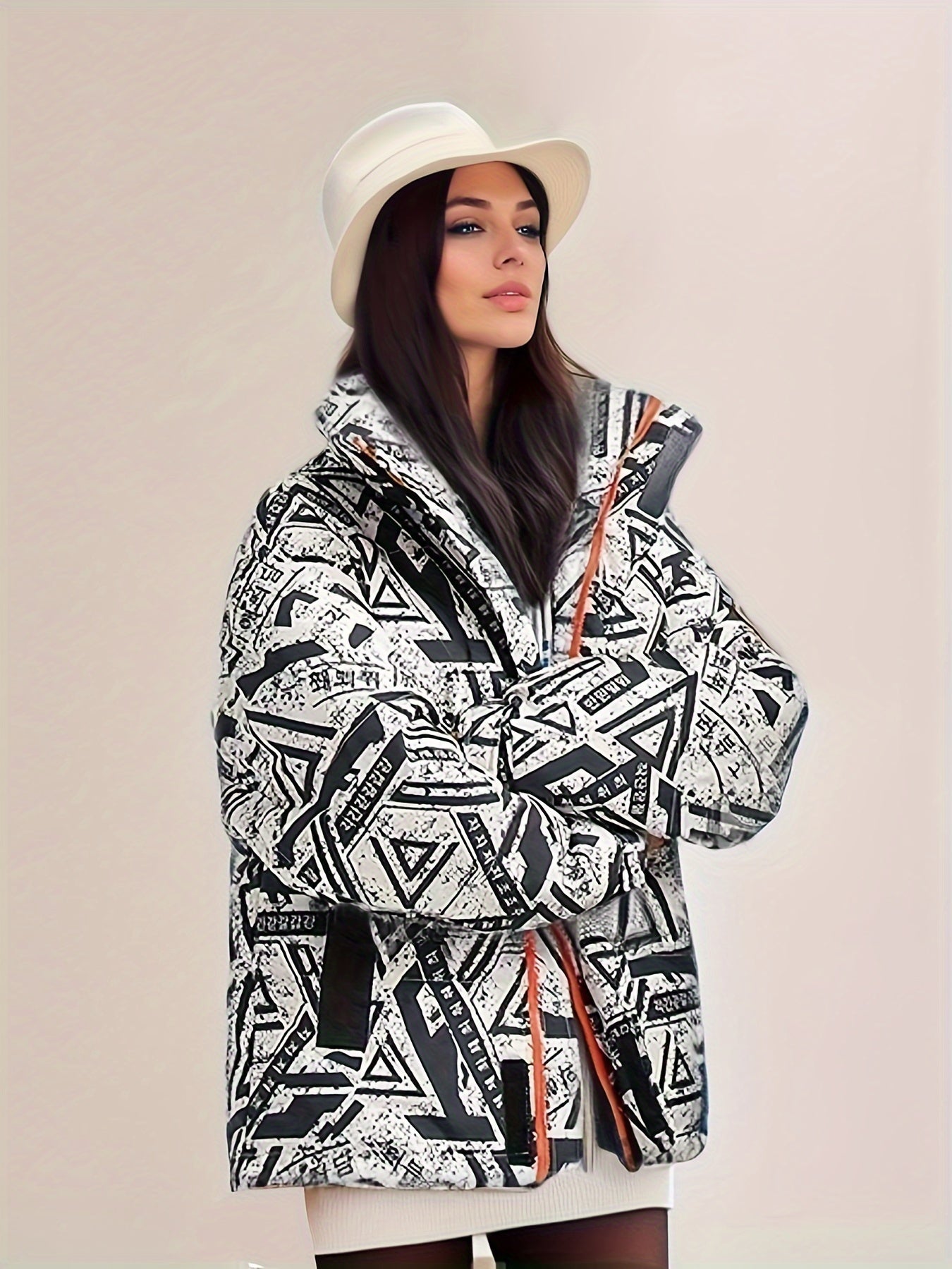 Geo Print Zip Up Parka, Casual High Neck Long Sleeve Winter Warm Outerwear, Women's Clothing