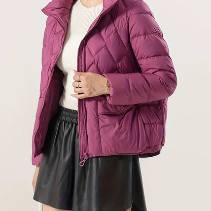 Zipper Stand Collar Flap Pockets Puffer Jacket, Casual Long Sleeve Jacket For Winter, Women's Clothing