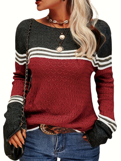 Cozy Autumn Winter Colorblock Pullover Sweater - Round Neck, Striped, Slim Fitting, Soft Knitwear Top for Women - Perfect for Casual Daily Wear, Outdoor Activities, and Layering Under Jackets