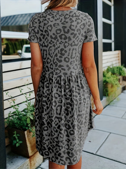 Flirty Leopard Print Sundress - Stylish Crew Neck, Short Sleeve - Perfect for Spring & Summer, Womens Fashion Must-Have