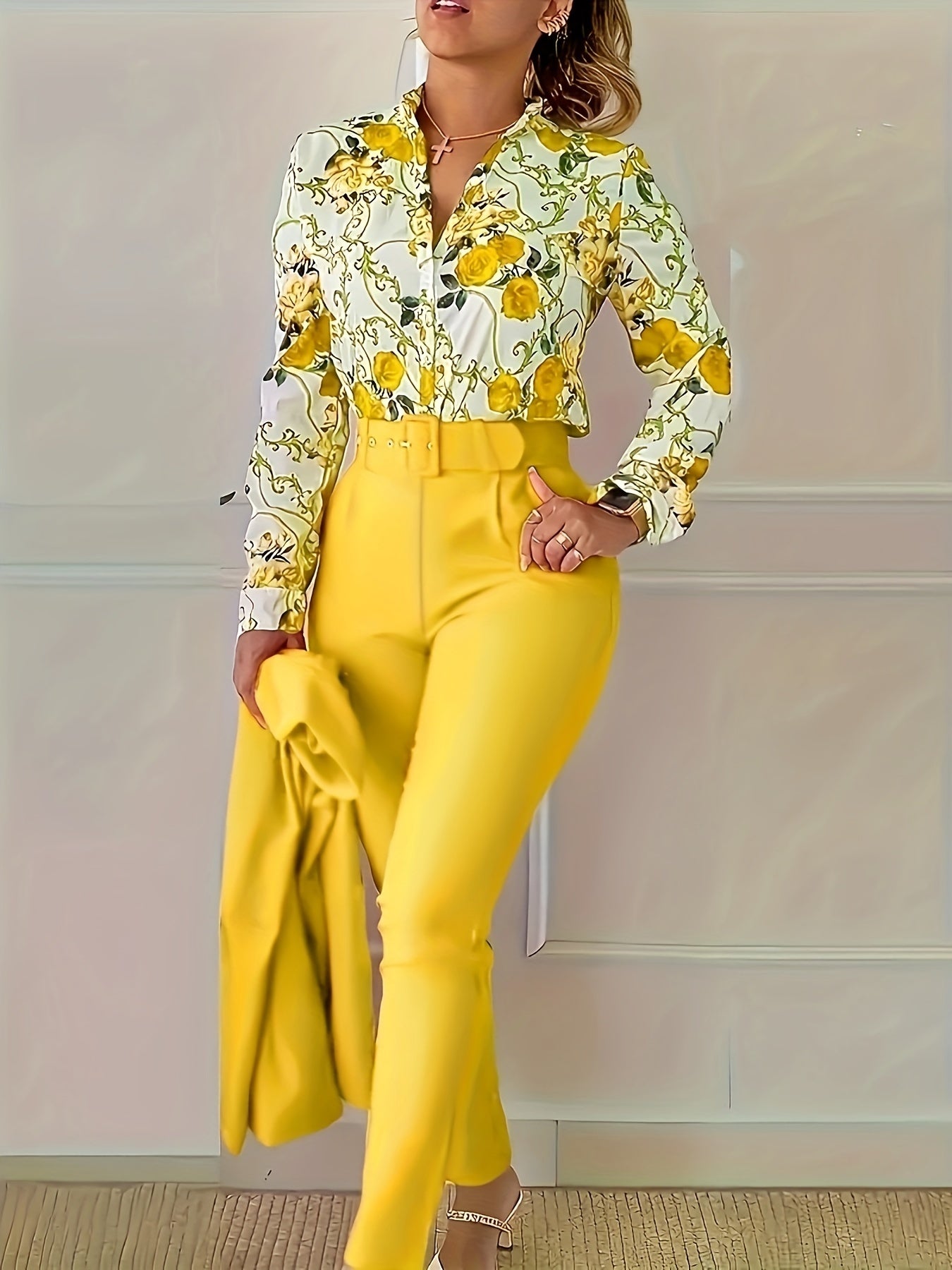 Stunning Two-Piece Floral Outfit - V Neck Long Sleeve Blouse with Ruffled Hem and Solid Belted Tapered Pants for Women - Elegant, Comfortable, and Versatile Clothing for Daily Wear