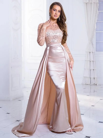 Casual Dresses Beading Sequin Floor Length Evening Party Dress Night Prom Gown Full Sleeved Padded O Neck Detachable Satin Skirt Green Gold