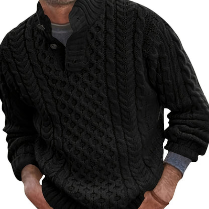 Mens Stand Collar Pullover Sweater Cable Knitted Chunky Winter Fashion Buttons Twisted Thermal Sweaters