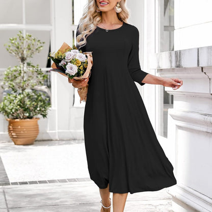 Vibrant Solid Color Crew Neck Midi Dress - Comfortable 3/4 Sleeve Loose Fit, Flattering A-Line Silhouette, Perfect for Spring & Summer, Women's Casual Clothing, Easy to Wear and Move Around