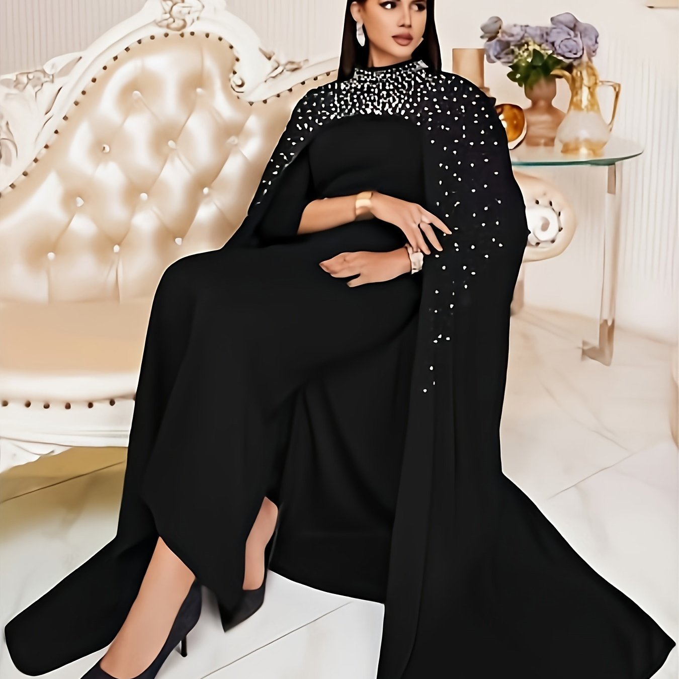 Chic Solid Beaded Womens Clothing Set - Mock Neck Keyhole Maxi Dress with Flowing Cloak - Versatile & Elegant Outfit for Special Occasions