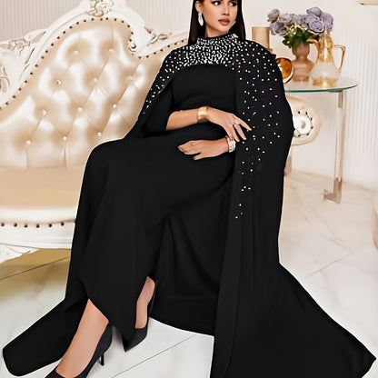 Chic Solid Beaded Womens Clothing Set - Mock Neck Keyhole Maxi Dress with Flowing Cloak - Versatile & Elegant Outfit for Special Occasions