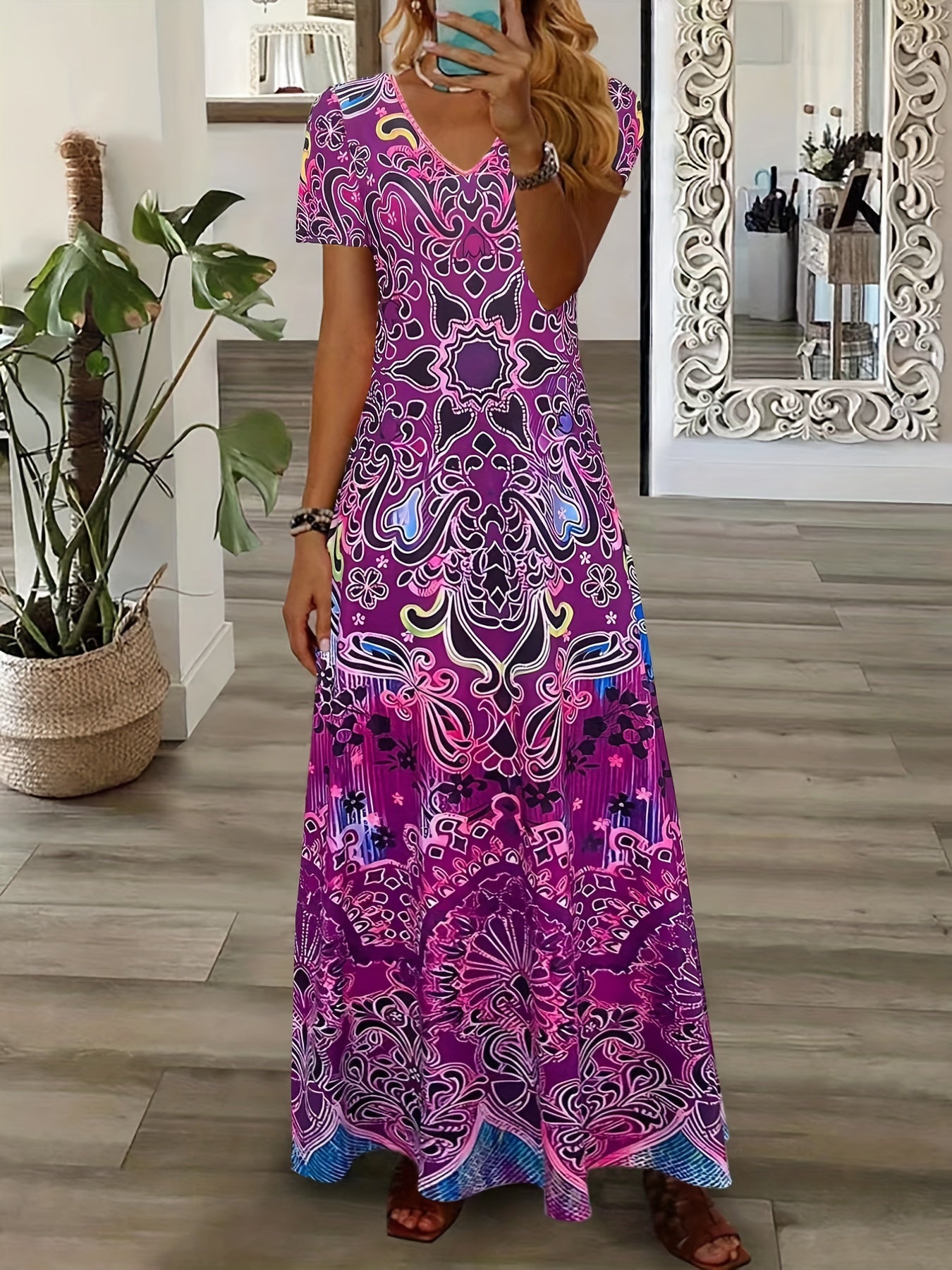 Bohemian V-Neck Maxi Dress - Floral Design - Soft Fabric - Casual & Festive Wear