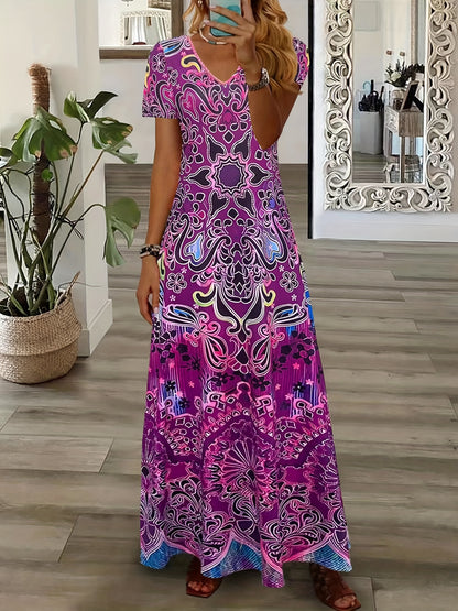 Bohemian V-Neck Maxi Dress - Floral Design - Soft Fabric - Casual & Festive Wear