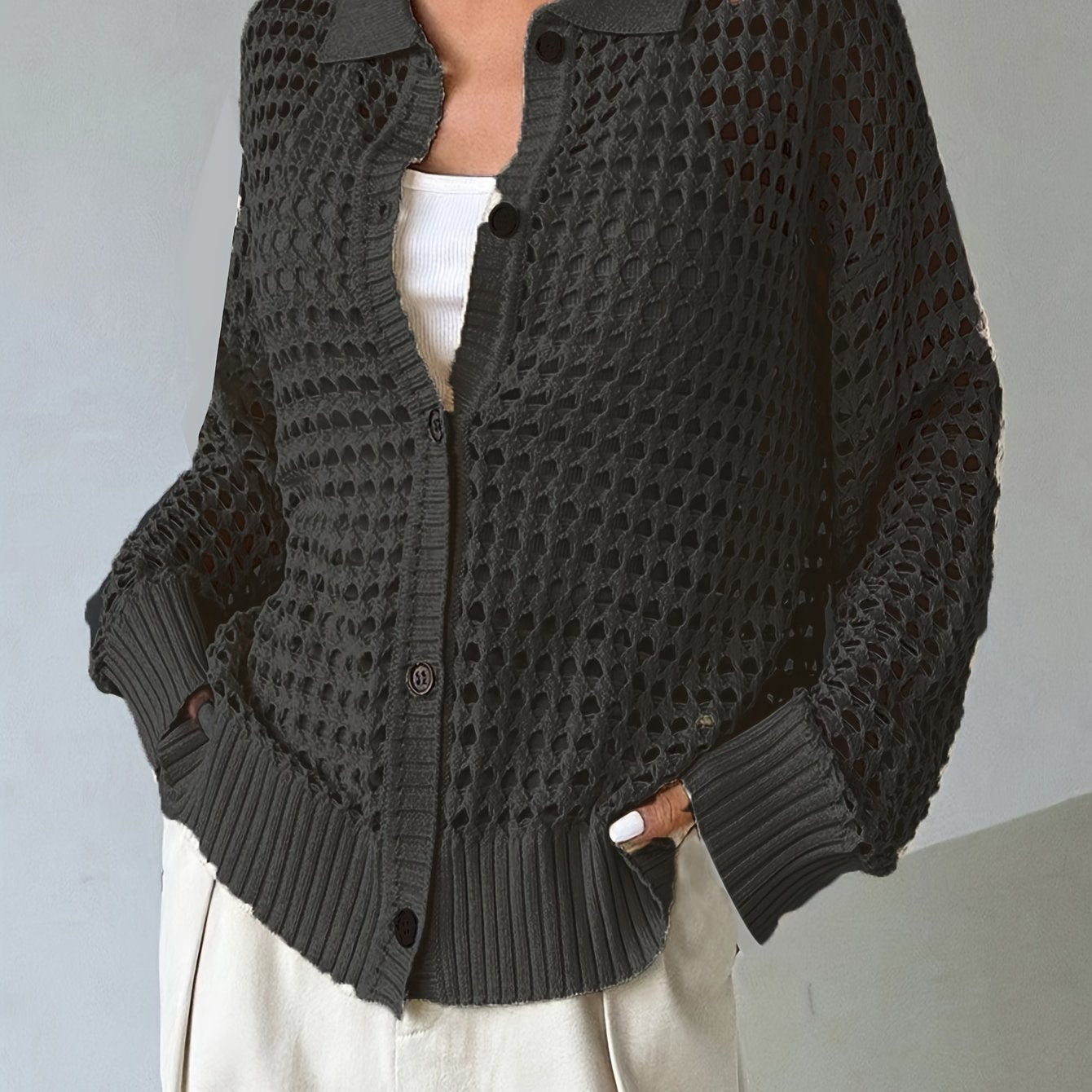 Cozy Drop Shoulder Knitted Cardigan - Soft, Casual, and Versatile with Hollow Out Button Front, Long Sleeves, and Relaxed Fit for Spring and Fall - Women's Fashion Clothing for Everyday Wear