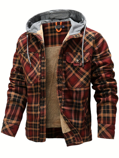 Mens Plaid Quilted Hooded Jacket with Luxurious Sherpa Lining - Stylish Casual Button Down Design - Ultra-Cozy Fleece Winter Coat for Premium Warmth and Fashionable Outerwear