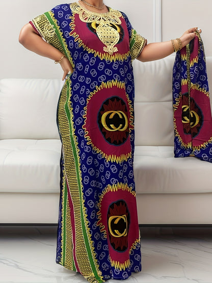 Vibrant Floral Print Maxi Kaftan Dress - Elegant Crew Neck, Embroidered, Long Length, Acetate Fabric, Middle East Style, All-Season Wear - Womens Vintage Graphic Print Tunic