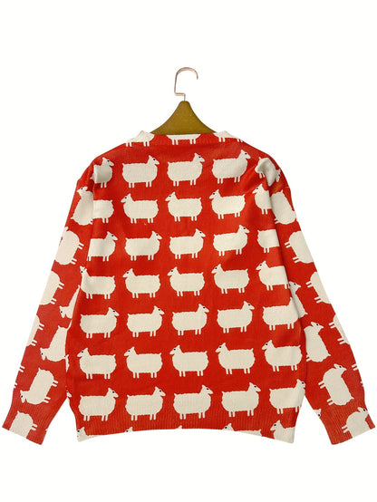 3D Sheep Pattern Crew Neck Pullover Sweater - Soft Slight Stretch Polyester Knit Fabric, Casual Long Sleeve, Regular Fit, Hand Wash or Dry Clean, All Season Wear - Womens Clothing for Fall & Winter