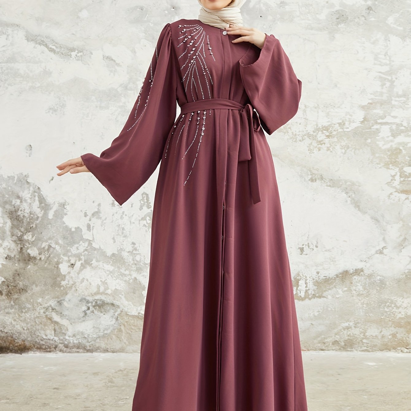 Ramadan Elegant Long Sleeve Geometric Patterned Loose Fit Maxi Dress with Rhinestone Belt - Non-Stretch Polyester Fabric, Flared Sleeves, and Middle East Style - Perfect for Spring, Summer, and Fall Seasons